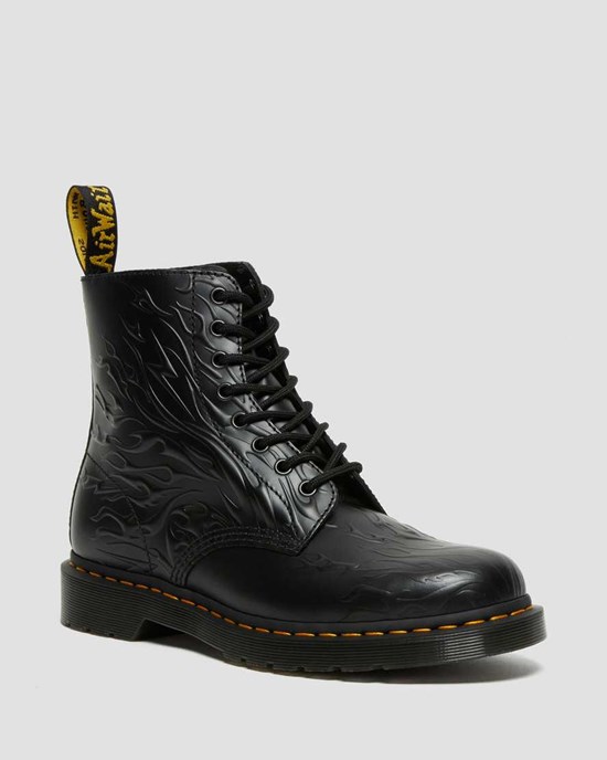 Dr Martens 1460 Flames Emboss Leder Stiefeletten Herren Schwarz | EJK-810629