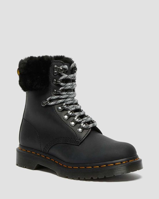 Dr Martens 1460 Serena Collar Faux Fur Gefütterte Schnürstiefel Damen Schwarz | LZR-256498