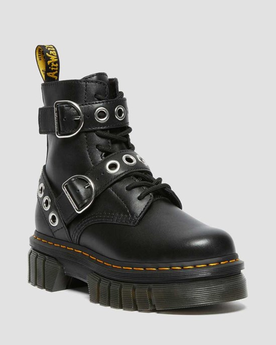 Dr Martens Audrick Hardware Leder Schnürstiefel Damen Schwarz | GRF-872031