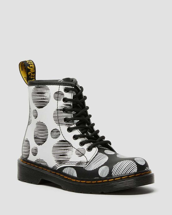 Dr Martens Junior 1460 Polka Dot Leder Schnürstiefel Kinder Schwarz | CDU-609214