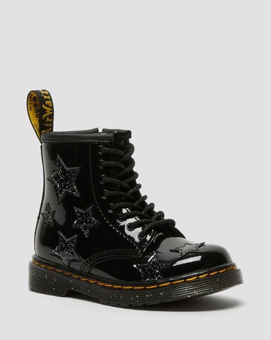 Dr Martens Toddler 1460 Glitter Star Lack Schnürstiefel Kinder Schwarz | XWP-651703