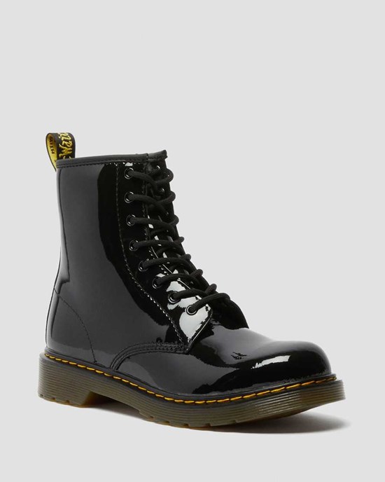 Dr Martens Youth 1460 Lack Leder Schnürstiefel Kinder Schwarz | BHA-148067