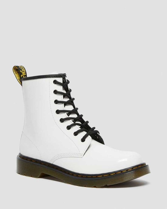 Dr Martens Youth 1460 Lack Leder Schnürstiefel Kinder Weiß | JXT-258914