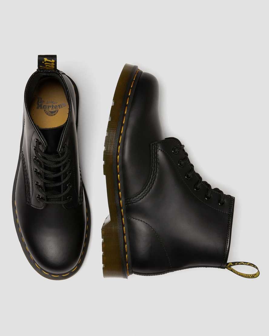 Dr Martens 101 Yellow Stitch Smooth Leder Schnürstiefel Damen Schwarz | QWK-069258