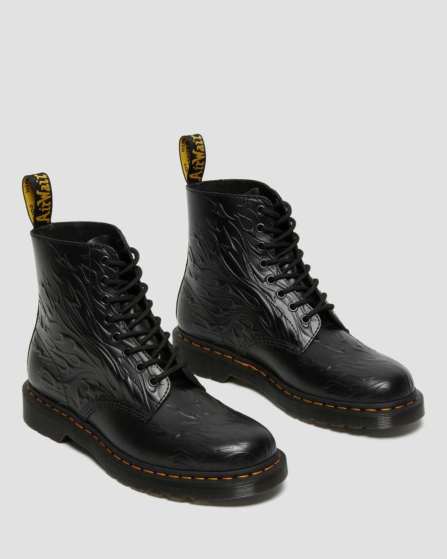 Dr Martens 1460 Flames Emboss Leder Schnürstiefel Herren Schwarz | NKV-941835