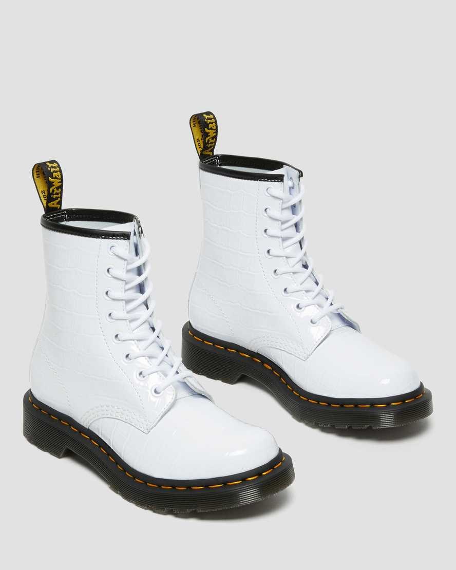 Dr Martens 1460 Lack Croc Emboss Leder Stiefeletten Damen Weiß | QDZ-359728