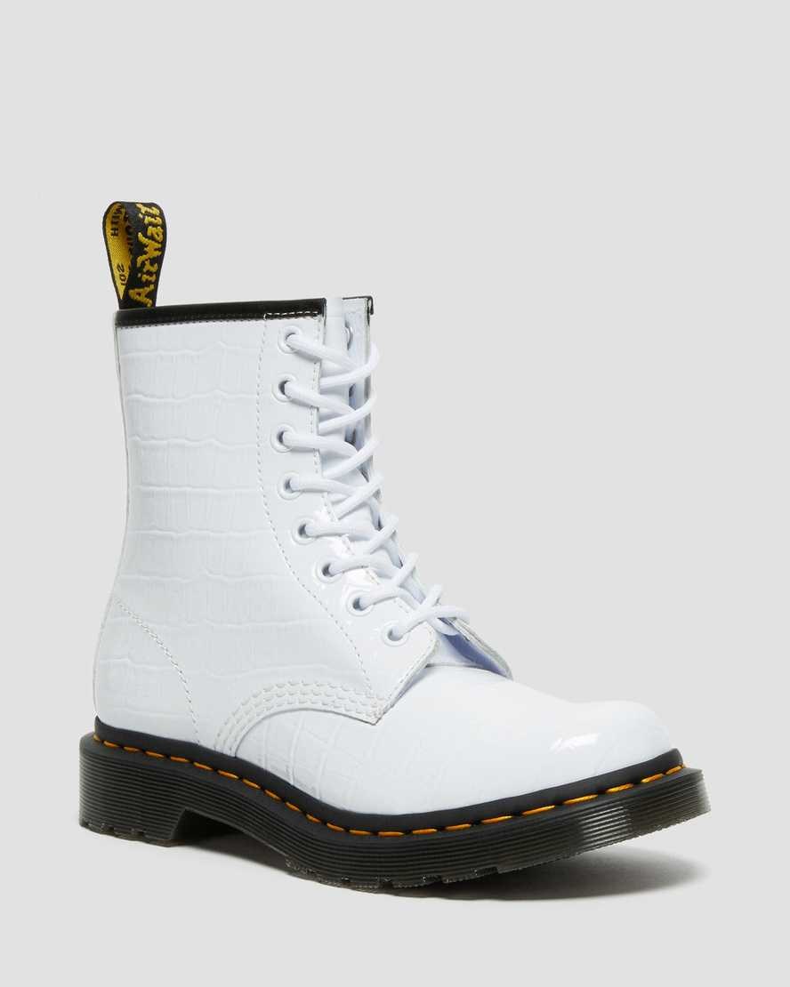 Dr Martens 1460 Lack Croc Emboss Leder Schnürstiefel Damen Weiß | VNQ-592043