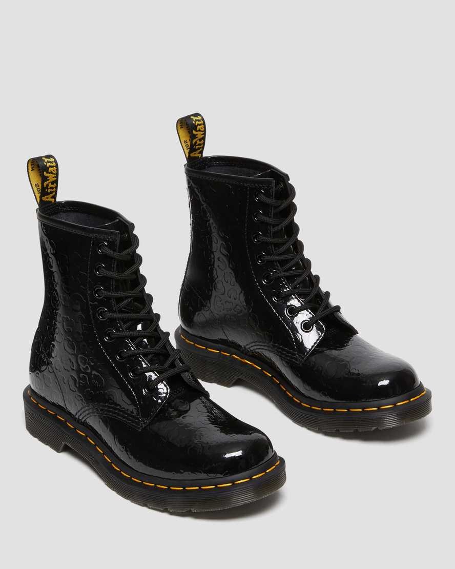 Dr Martens 1460 Leopard Emboss Lack Leder Schnürstiefel Damen Schwarz | AGF-094817