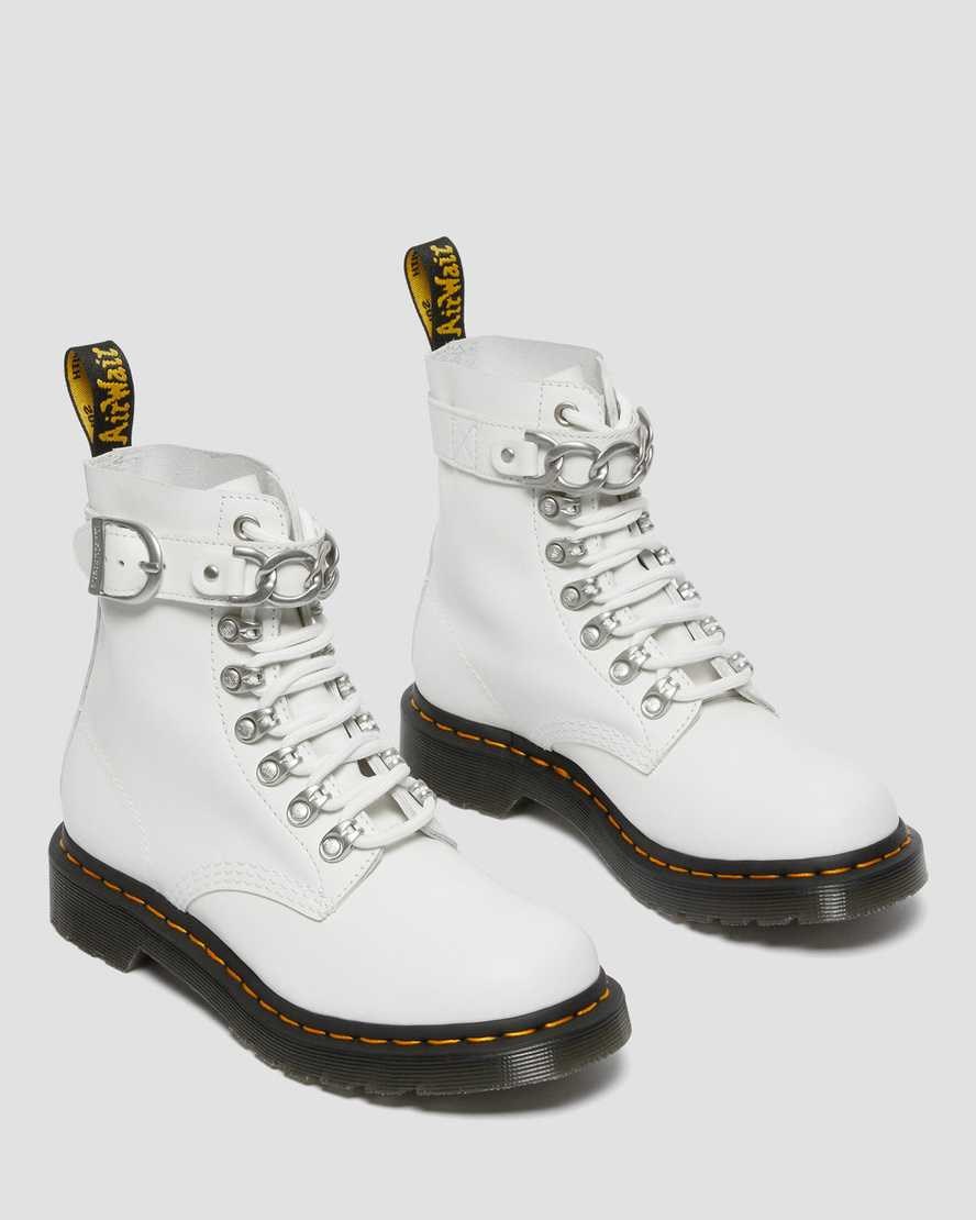 Dr Martens 1460 Pascal Chain Leder Schnürstiefel Damen Weiß | IBD-827094