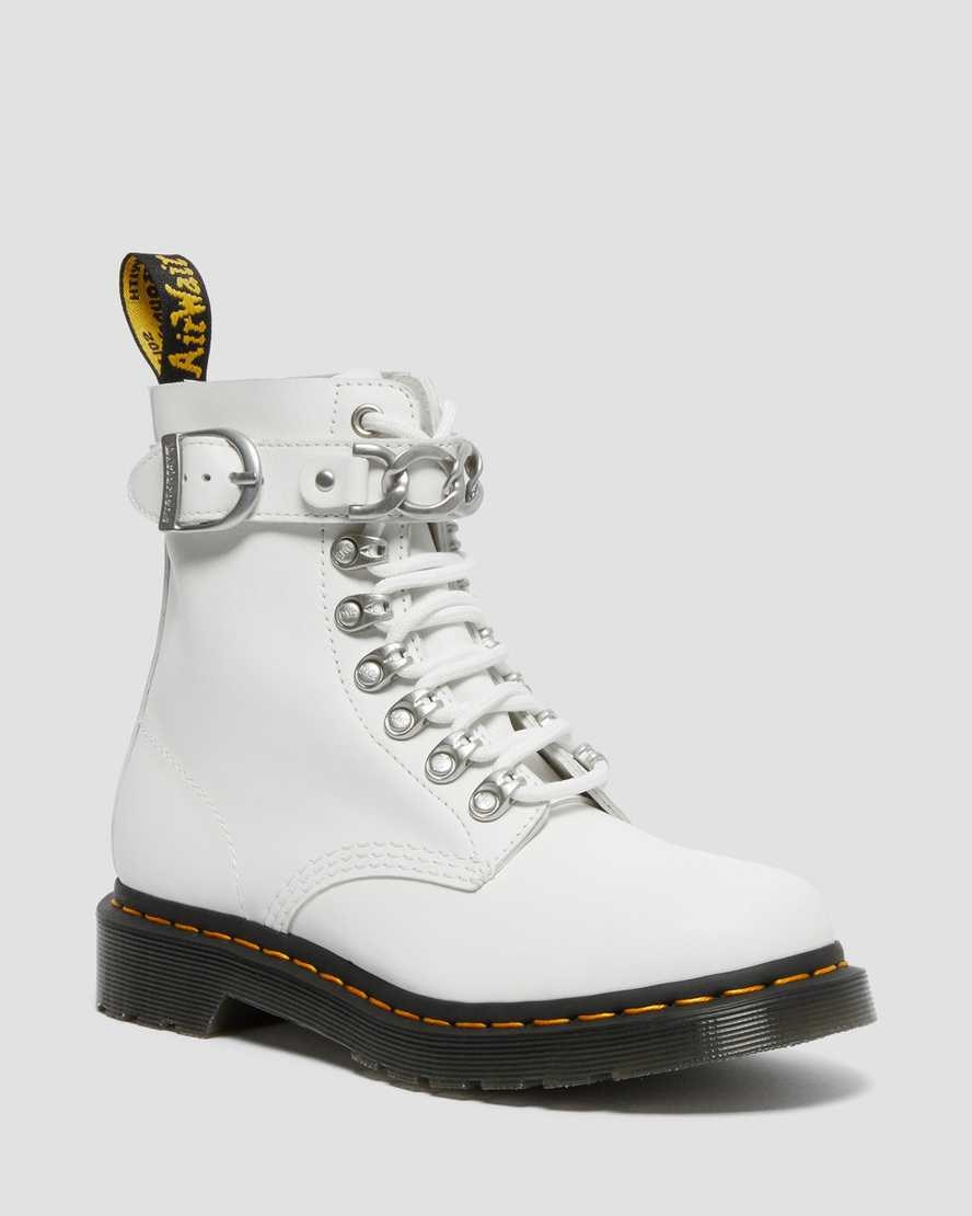 Dr Martens 1460 Pascal Chain Leder Schnürstiefel Damen Weiß | IBD-827094