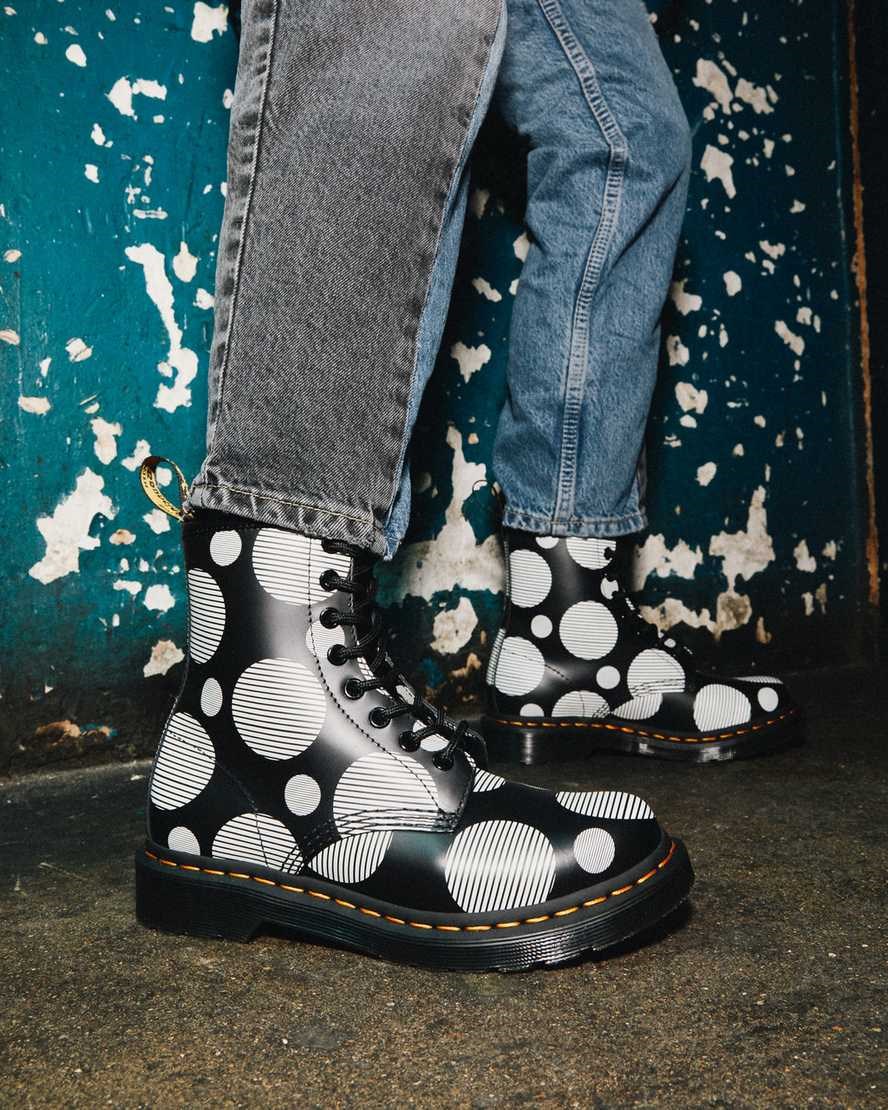 Dr Martens 1460 Polka Dot Smooth Leder Schnürstiefel Damen Schwarz | QOK-397428