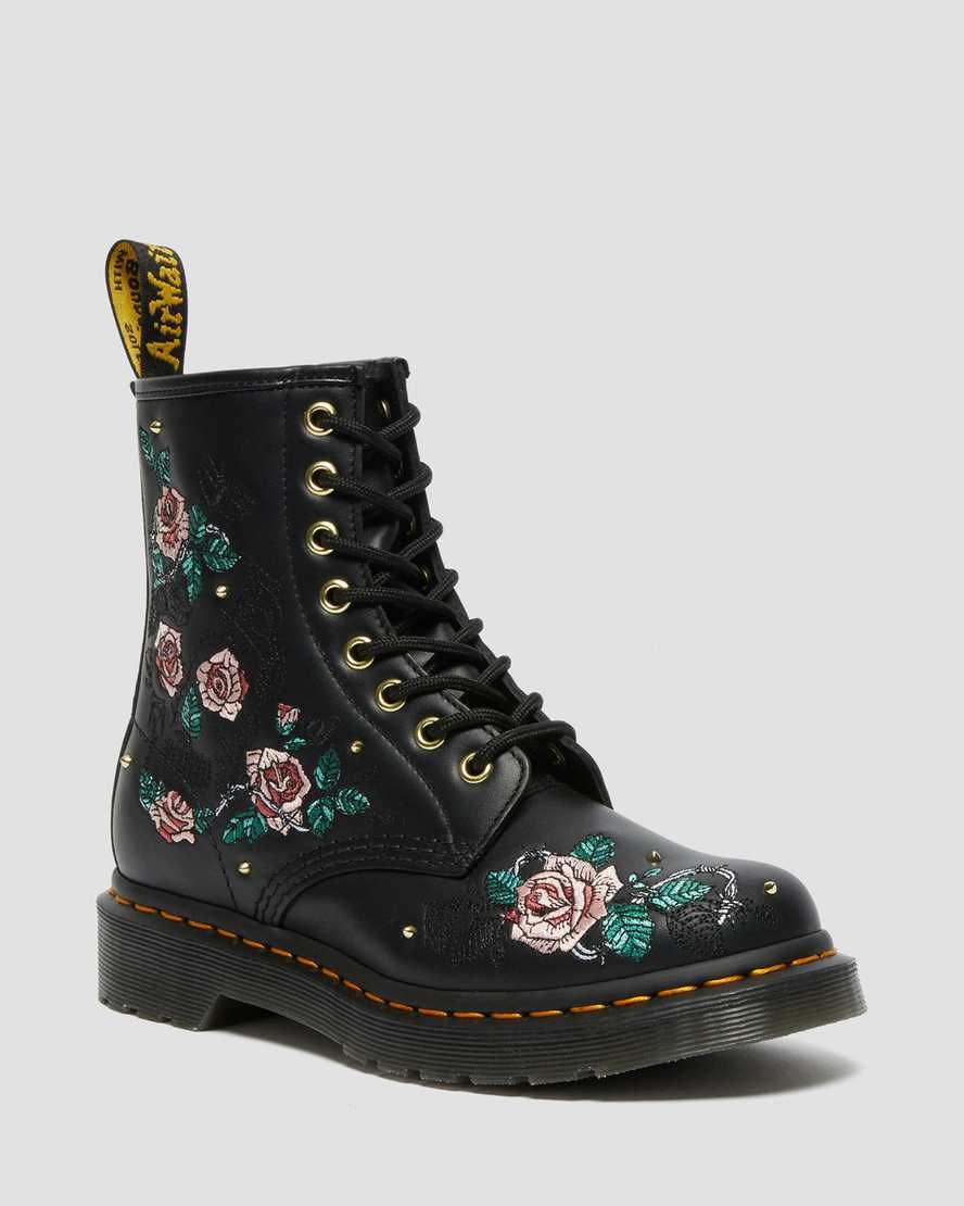 Dr Martens 1460 Vonda Floral Leder Schnürstiefel Damen Schwarz | PGS-651980