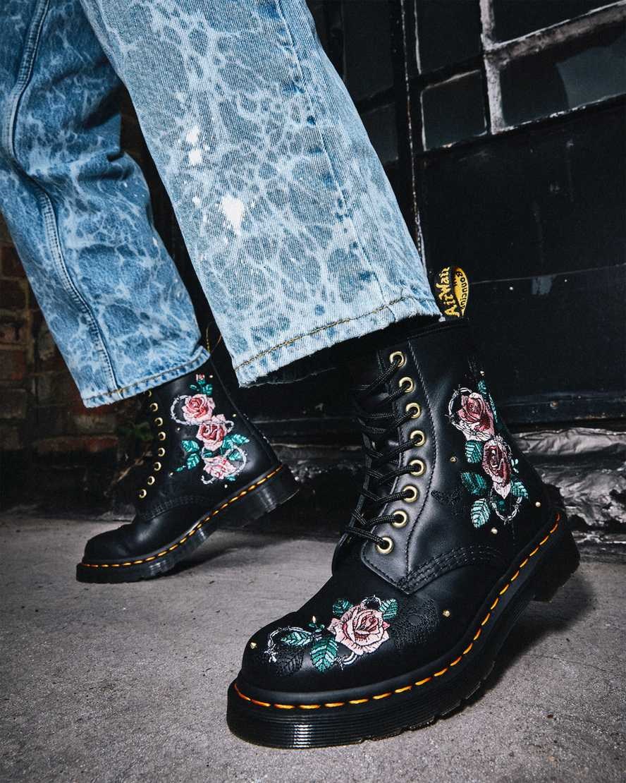 Dr Martens 1460 Vonda Floral Leder Schnürstiefel Damen Schwarz | PGS-651980