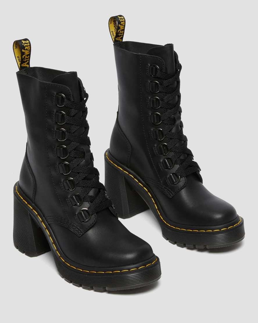 Dr Martens Chesney Leder Flared Heel Schnürstiefel Damen Schwarz | AZW-651793