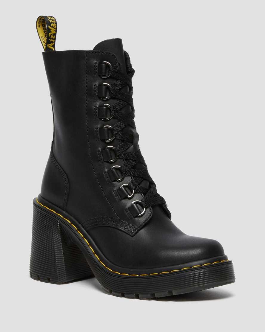 Dr Martens Chesney Leder Flared Heel Schnürstiefel Damen Schwarz | AZW-651793