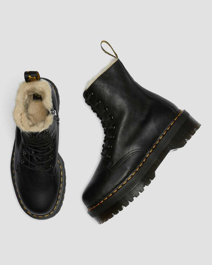 Dr Martens Jadon Leder Faux Fur Gefütterte Plattform Schnürstiefel Damen Schwarz | WZA-278649