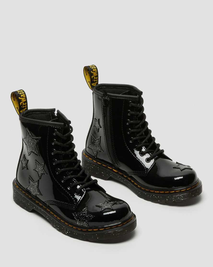 Dr Martens Junior 1460 Glitter Star Lack Schnürstiefel Kinder Schwarz | JVD-814657