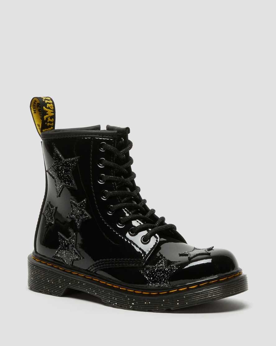 Dr Martens Junior 1460 Glitter Star Lack Schnürstiefel Kinder Schwarz | JVD-814657