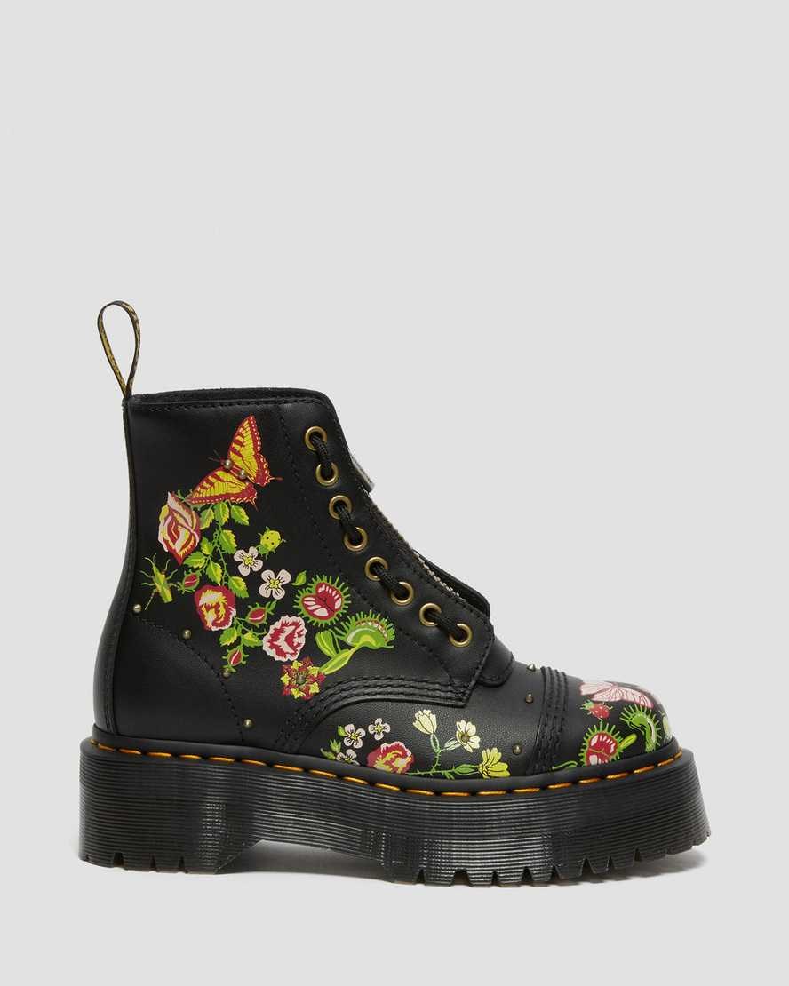 Dr Martens Sinclair Floral Bloom Leder Zip Up Stiefel Damen Schwarz | AXW-206358