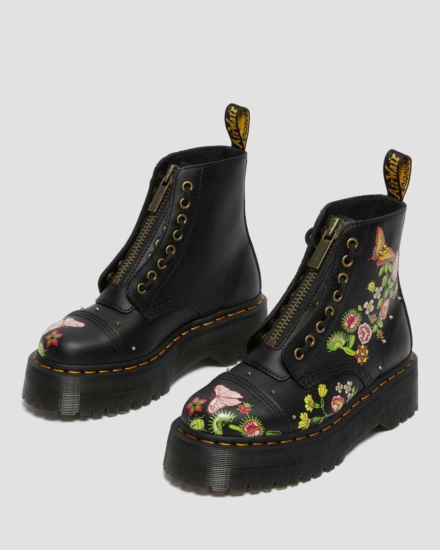 Dr Martens Sinclair Floral Bloom Leder Zip Up Stiefel Damen Schwarz | AXW-206358